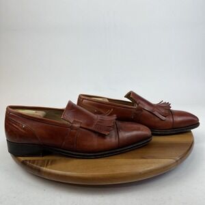 Mens L.F. Lidfort Brown Leather Slip On Cap Toe Fringe Dress Shoes Size 8 D